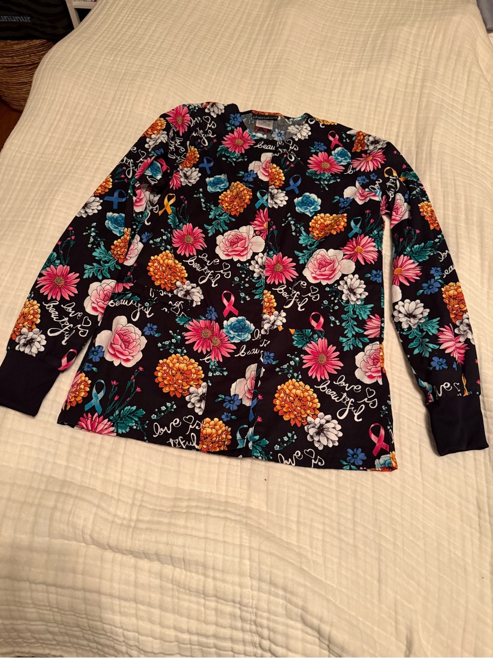 Cherokee Black Floral Button-Front Scrub Jacket with Multicolor Blooms
